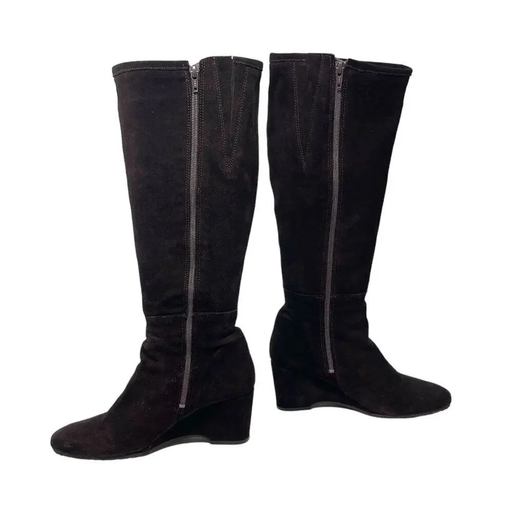Pepe Jeans Suede Tall Wedge Heel Boots - Dark Brown - Size 40